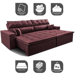 Sofá Retrátil e Reclinável 2,92m Luxos Cama Inbox Velusoft Vinho - 4