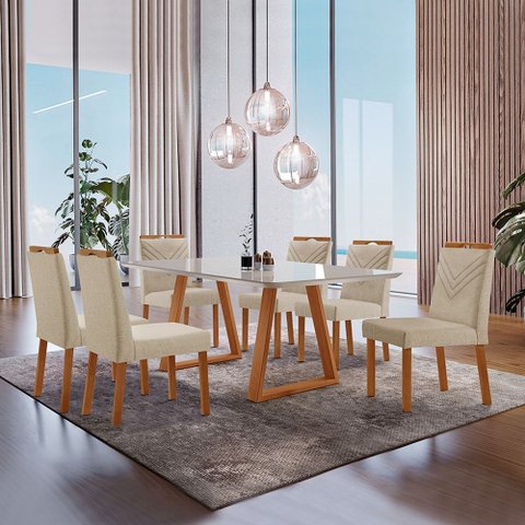 Conjunto Sala de Jantar Mesa Viena Madeira Maciça 160x90cm Tampo Retângular Vidro Off White com 6 Ca