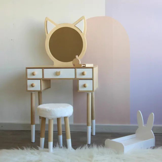 Penteadeira Infantil Gatinho com 5 Gavetas e Banquinho Pelúcia. - 3
