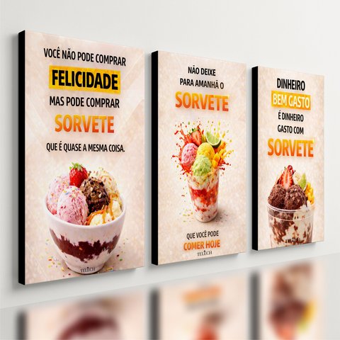 Kit 3 Quadro Decorativo Sorvete para Sorveteria Moderno Luxo Qualidade Premium 28x20cm