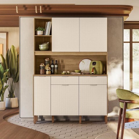 Armário de Cozinha Compacto Flora 5 Portas 2 Gavetas com Nicho P/micro-ondas 1,44m - Freijó/soft