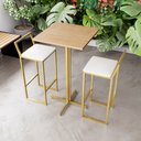 Ver imagem 1 de Jogo Mesa Alta Bistrô Quadrada Pinus 2 Banquetas Estofado Confort Ind Dourado Don Castro