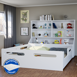 Cama Infantil Casal com Colchão e Organizador Multifuncional:branco - 3