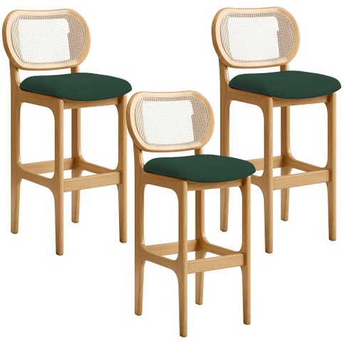 Kit 03 Banquetas Altas Para Cozinha Bancada Sala Tela Betta Fixa L02 Suede Verde Musgo - Lyam Lyam D