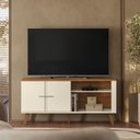 Ver imagem 1 de Rack Bancada Ilhéus 135cm para TV 55 Polegadas MDP 1 Porta Correr Tampo Chanfrado - Offwhite/Canela