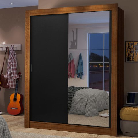 Guarda-Roupa Solteiro Madesa Dallas 2 Portas de Correr com Espelho 2 Gavetas Rustic/Preto Cor:Rustic