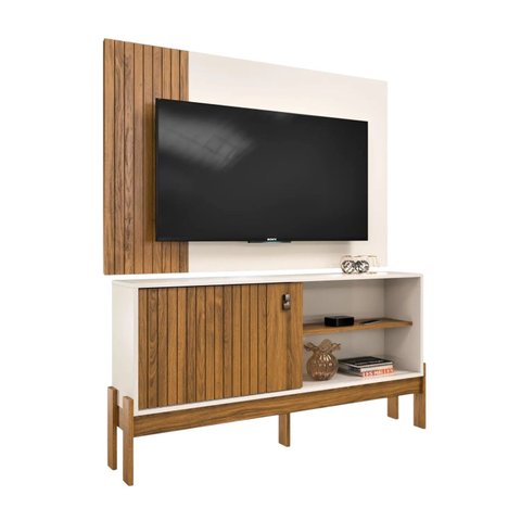Painel com Rack Combo Wood Cinamomo Perola Tv 42" Sala Compacta