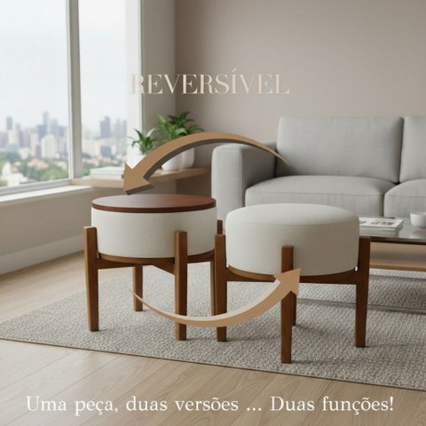 Kit 2 Puff Mesa Multifuncional Madeira Maciça Eucalipto Linho Bege