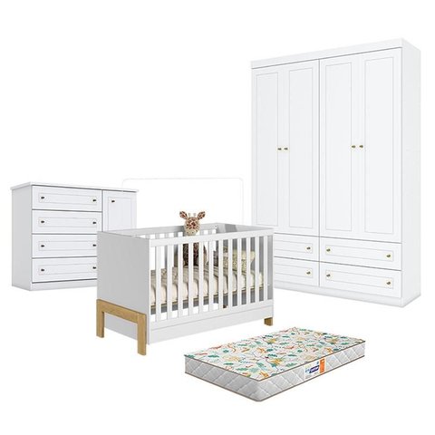 Quarto de Bebê Americano 4 Portas com Berço Americano Mini Cama Fantasia Branco Acetinado – Qmovi - 