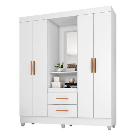 Guarda Roupa Roupeiro Capelinha com Espelho 4 Portas 2 Gavetas Lite Branco Móveis Leão