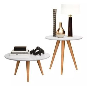Kit 2 Mesas Mesinha de Centro e Lateral Redondas Branco