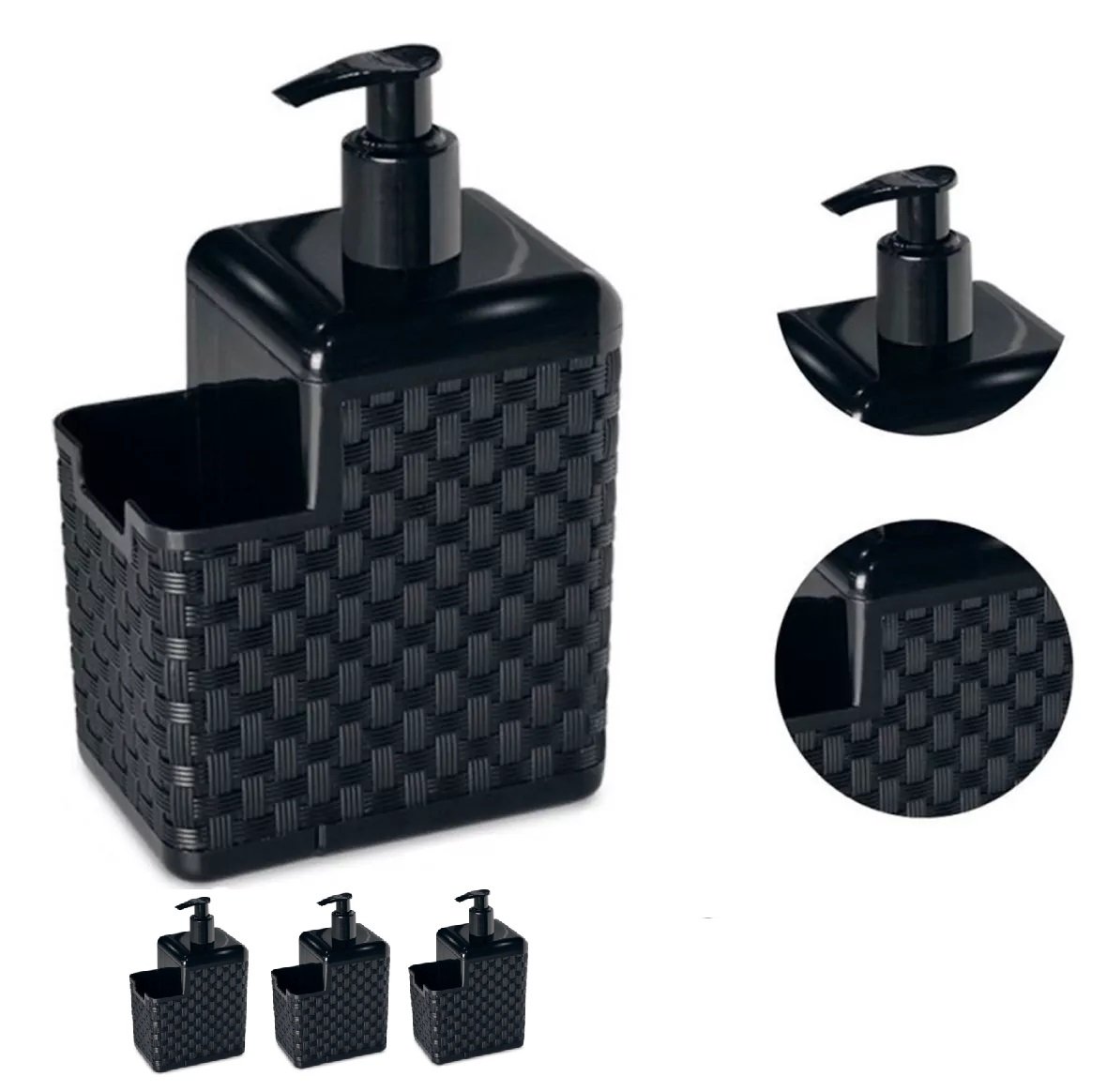 Kit 3 Porta Detergente Esponja com Bico Dosador Rattan Preto - 2