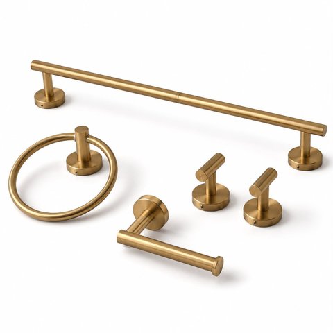 Kit Acessório Banheiro 5 Peças Dourado Escovado Redondo Luxo