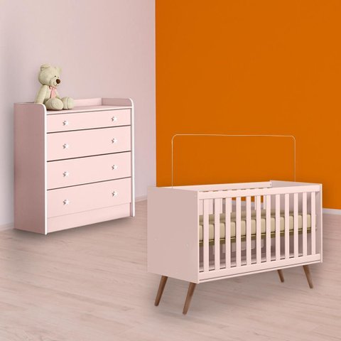 Conjunto Berço Mini Cama Retrô e Cômoda Trocador Rosa