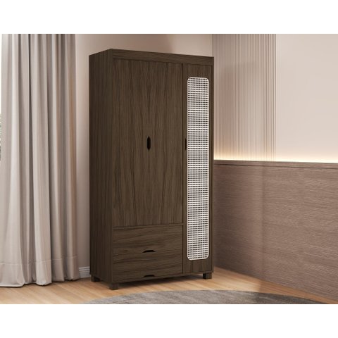 Guarda Roupa Clara Castanho Solteiro de Mdf Designer Moderno em Rattan 3 Portas 2 Gavetas