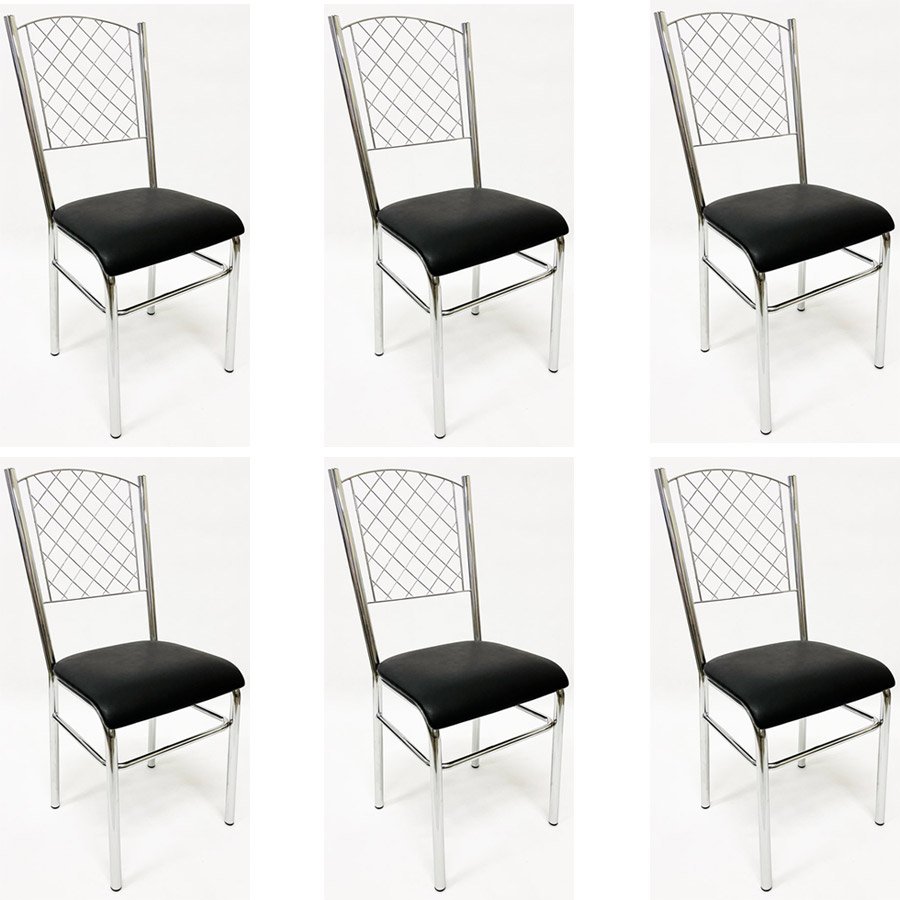 Kit 6 Cadeiras de Cozinha com reforço cromada encosto grade assento preto - Poltronas do Sul