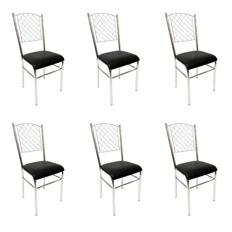 Kit 6 Cadeiras de Cozinha com Reforço Cromada Encosto Grade Assento Preto - Poltronas do Sul