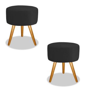 Combo 2 Puf, Puff Para Sala, Redondo, Suede Preto Luxo