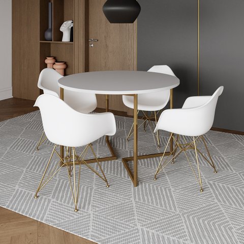 Mesa Jantar Industrial Branca 110cm Redonda Base V com 4 Poltronas Eames Eiffel Daw Brancas Base Dou