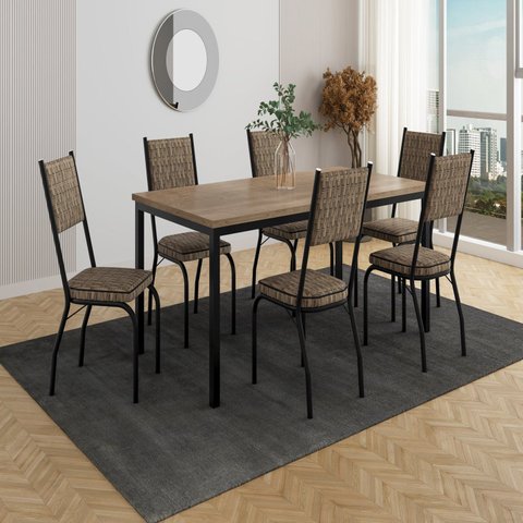 Conjunto Sala de Jantar Mesa Retangular Tampo BP com 6 Cadeiras Adriana Preto/Rattan/Demolição