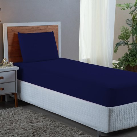 Conjunto Lençol Cama Solteiro 2 Peças 400 Fios com Elástico e Fronha Toque Macio:azul Marinho
