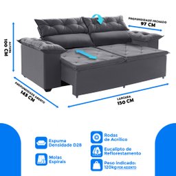 Sofá Compact 150Cm Retrátil, Reclinável Cinza com molas Espirais 5 Posições Ws - 3