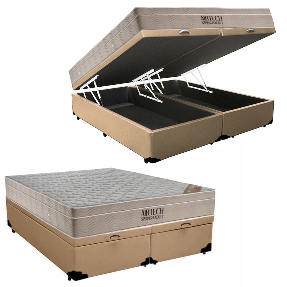 Cama Box Baú Queen Sintético Bipartido + Colchão Ortobom Airtech Molas Ensacadas 158x198x65:bege