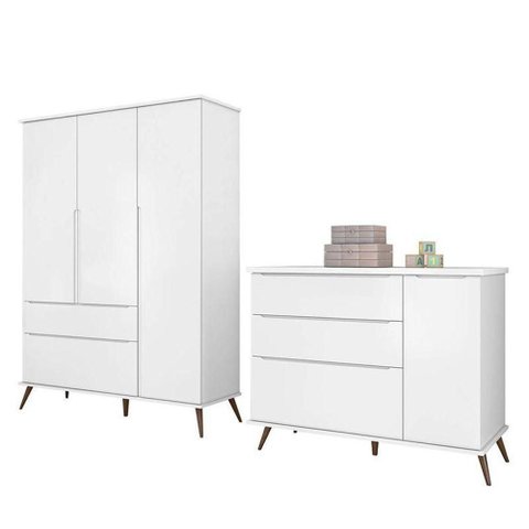 Jogo de Quarto Infantil Retrô Alice Guarda Roupa e Cômoda com Porta Branco - Pr Baby Branco