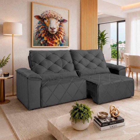 Sofá com Chaise Sirius 2 Lugares Retrátil e Reclinável 290cm Cinza