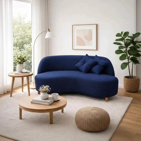 Sofá Orgânico Curvo 2 Lugares Tecido Bouclê - Seleguim Decor:azul