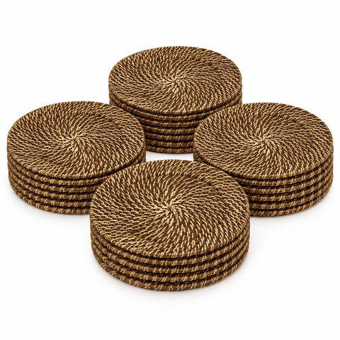 Kit 24 Sousplats Redondos Marrom-Claro 32 cm Bambu e Rattan