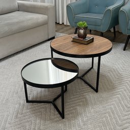 Conjunto Mesa de Centro Redonda Dallas Amadeirado com Espelho - Preto - 2