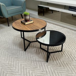 Conjunto Mesa de Centro Redonda Dallas Amadeirado com Espelho - Preto