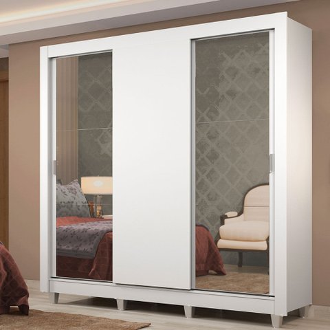 Guarda-Roupa Casal Madesa Lyon Plus 3 Portas de Correr com Espelhos 4 Gavetas com Pés Branco Cor:Bra