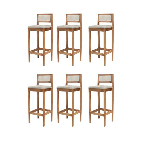 Kit 6 Banquetas Madeira Mel com Linho Cru para Balcão com Encosto Estofado