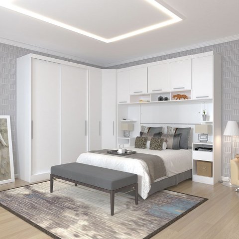 Quarto de Canto Casal com Guarda Roupas Cabeceira e Mesas de Cabeceira Alpes Luciane Móveis