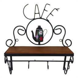 Cantinho do Café Prateleira Artesanal em Ferro e Madeira com 4 Ganchos 40x15:preto - 1