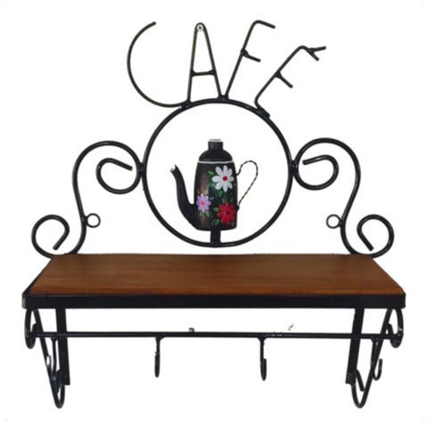 Cantinho do Café Prateleira Artesanal em Ferro e Madeira com 4 Ganchos 40x15:preto