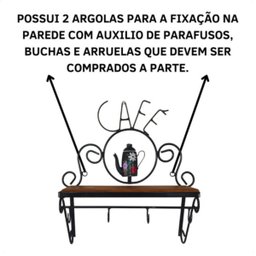 Cantinho do Café Prateleira Artesanal em Ferro e Madeira com 4 Ganchos 40x15:preto - 4