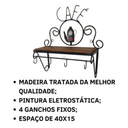 Cantinho do Café Prateleira Artesanal em Ferro e Madeira com 4 Ganchos 40x15:preto - 3