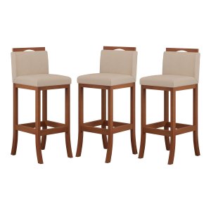 Kit 3 Banquetas Média Encosto Estofado 38x92 Cm Turim Madeira Maciça Pinhão Suede Bege CCS
