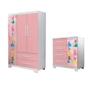 Conjunto Guarda Roupa e Cômoda Infantil Princesas Resistente