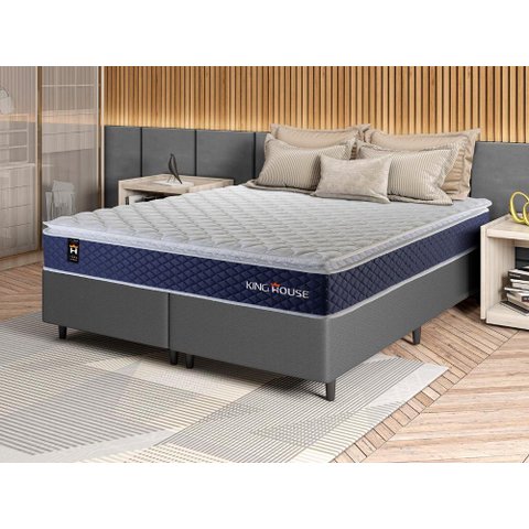 Conjunto Cama Box Super King c/ Molas Ensacadas Lagras Cinza 193x203x66