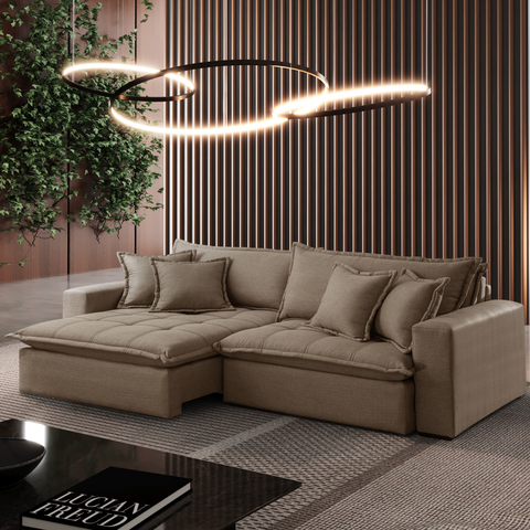 Sofá Trevo Retrátil e Reclinável 2.70m Bege Molas Ensacadas 4 Lugares - Sala de Tv