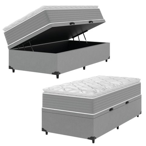 Cama Box Baú Solteiro Molas Ensacadas Pillow Top 88x188x66cm Martino Cinza Umaflex Cinza