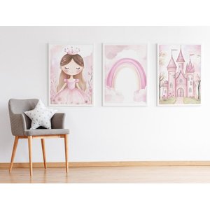 Kit 3 Quadros Princesa Arco Íris Castelo Rosa Quarto Menina Infantil