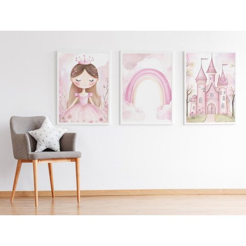 Kit 3 Quadros Princesa Arco Íris Castelo Rosa Quarto Menina Infantil