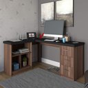 Ver imagem 1 de Escrivaninha Mesa Escritório e Home Office em L e 3 Gavetas 3 Nichos 154cm Ipê e Preto Artany