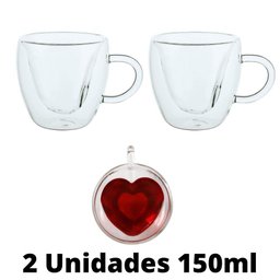 Conjunto de 2 Xícaras de Vidro Duplo Formato Coração 150ml - 1