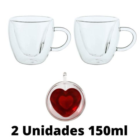 Conjunto de 2 Xícaras de Vidro Duplo Formato Coração 150ml